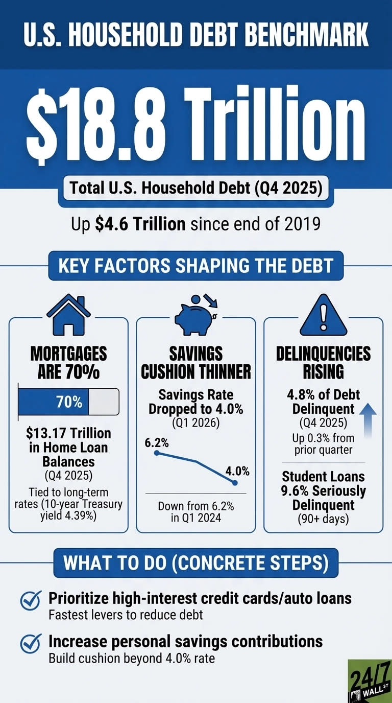 An infographic titled 'U.S. Household Debt Benchmark' displays a large '$18.8 Trillion' as the total U.S. Household Debt for Q4 2025, noting an increase of $4.6 Trillion since the end of 2019. Below, three sections detail key factors shaping the debt: 'Mortgages Are 70%' shows $13.17 Trillion in Home Loan Balances for Q4 2025, tied to long-term rates (10-year Treasury yield 4.39%). 'Savings Cushion Thinner' illustrates the Savings Rate dropped to 4.0% by Q1 2026, down from 6.2% in Q1 2024, with a line graph showing the decline. 'Delinquencies Rising' reports 4.8% of debt delinquent in Q4 2025, up 0.3% from the prior quarter, and Student Loans at 9.6% seriously delinquent (90+ days). The bottom section, 'What To Do (Concrete Steps)', lists two recommendations: 'Prioritize high-interest credit cards/auto loans' and 'Increase personal savings contributions'.