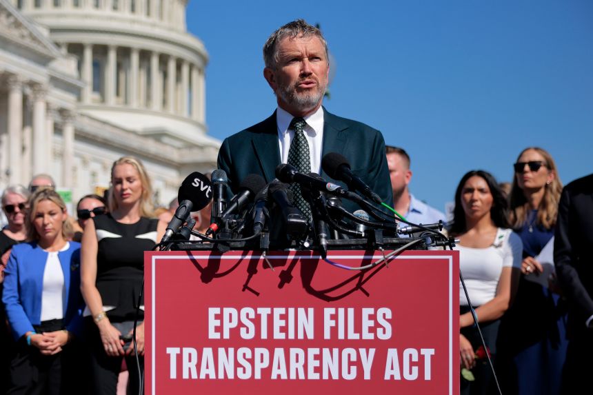 Rep. Thomas Massie speaks during a news conference alongside victims of Jeffrey Epstein, outside the US Capitol on September 3, 2025.