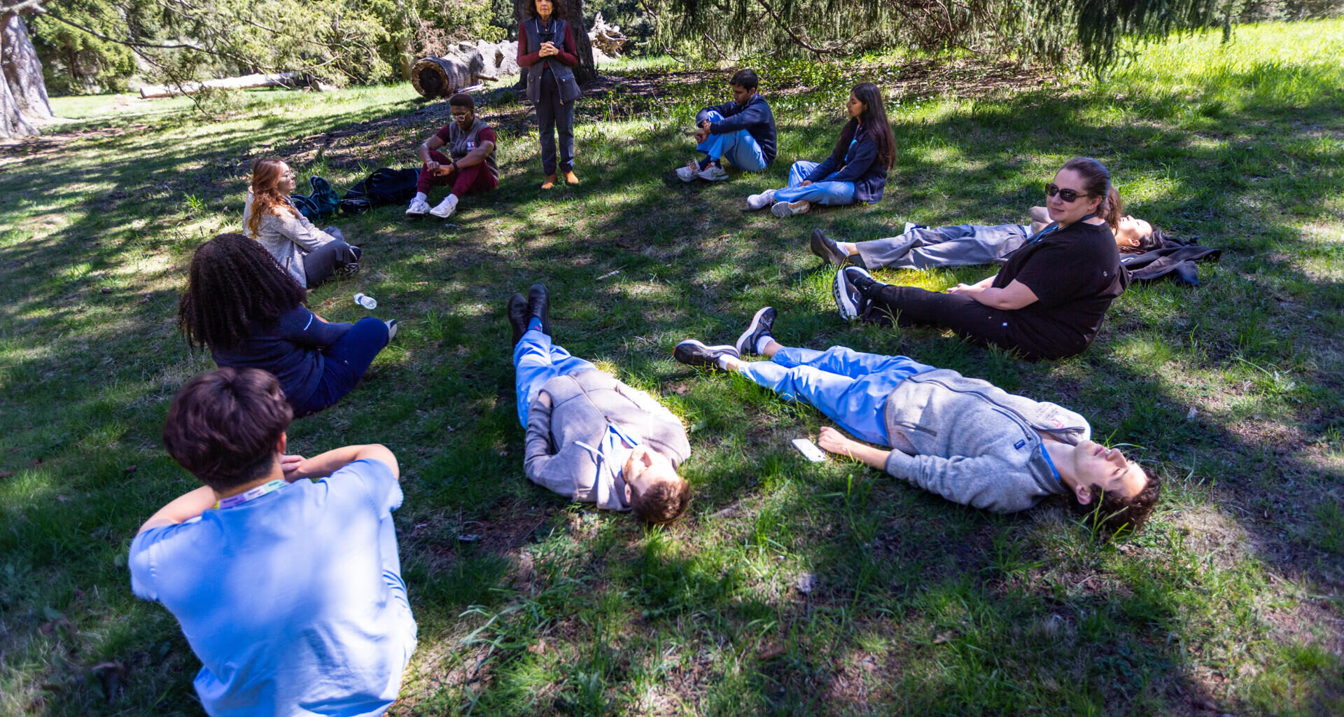 Dr Susan Abookire begins the forest therapy session asking residents and medical student to relax in any way they wish. (Jesse Costa/WBUR)