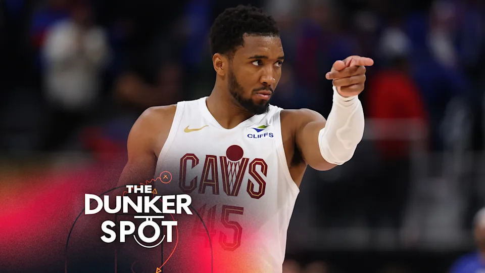 Donovan Mitchell #45 of the Cleveland Cavaliers points against the Detroit Pistons during overtime in Game Five of the Second Round of the NBA Eastern Conference Playoffs at Little Caesars Arena on May 13, 2026 in Detroit, Michigan