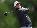 Taylor Pendrith of Canada plays his shot from the second tee during the second round of the PGA Championship at Aronimink Golf Club on May 15, 2026 in Newtown, Pa.