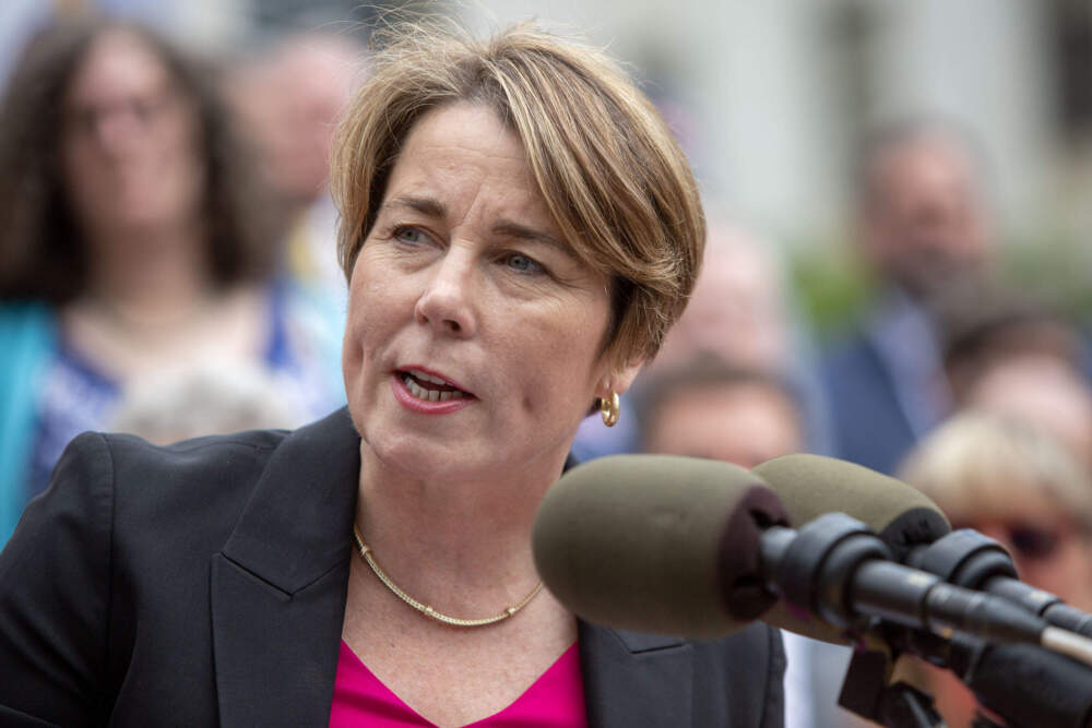 Governor Maura Healey speaks in front of the State House. (Robin Lubbock/WBUR)