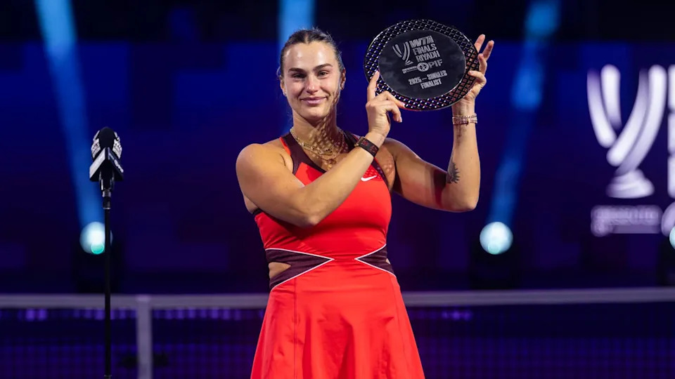 Aryna Sabalenka with her singles finalist trophy after the singles finals at King Saud University Indoor Arena during day eight of the WTA Finals Riyadh.Clicks Images/Getty Images