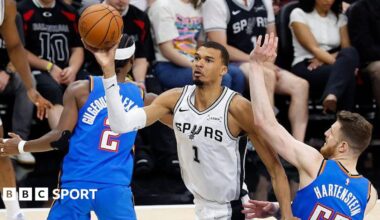 Victor Wembanyama of the San Antonio Spurs drives to the basket against the Oklahoma City Thunder