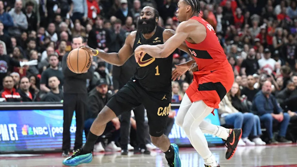<a class="link " href="https://sports.yahoo.com/nba/teams/cleveland/" data-i13n="sec:content-canvas;subsec:anchor_text;elm:context_link" data-ylk="slk:Cleveland Cavaliers;sec:content-canvas;subsec:anchor_text;elm:context_link;itc:0" data-yga="{"yLinkElement":"context_link","yModuleName":"content-canvas","yLinkText":"Cleveland Cavaliers","ySubModuleName":"anchor_text","yHasCommerce":false}">Cleveland Cavaliers</a> guard James Harden tries to get past <a class="link " href="https://sports.yahoo.com/nba/teams/toronto/" data-i13n="sec:content-canvas;subsec:anchor_text;elm:context_link" data-ylk="slk:Toronto Raptors;sec:content-canvas;subsec:anchor_text;elm:context_link;itc:0" data-yga="{"yLinkElement":"context_link","yModuleName":"content-canvas","yLinkText":"Toronto Raptors","ySubModuleName":"anchor_text","yHasCommerce":false}">Toronto Raptors</a> forward Scottie BarnesDan Hamilton-Imagn Images