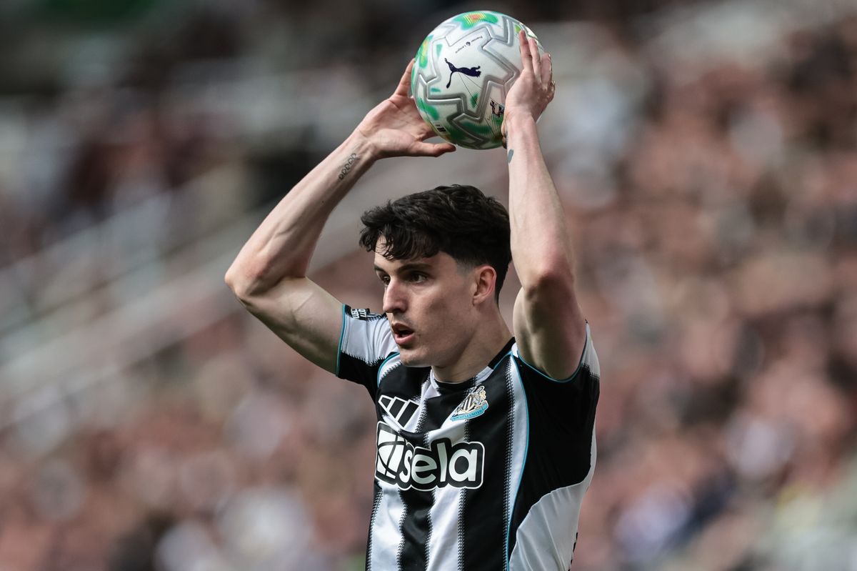 Tino Livramento of Newcastle United takes a throw-in during the Premier League match between Newcastle United and Bournemouth at St. James's Park in Newcastle, United Kingdom, on April 18, 2026.