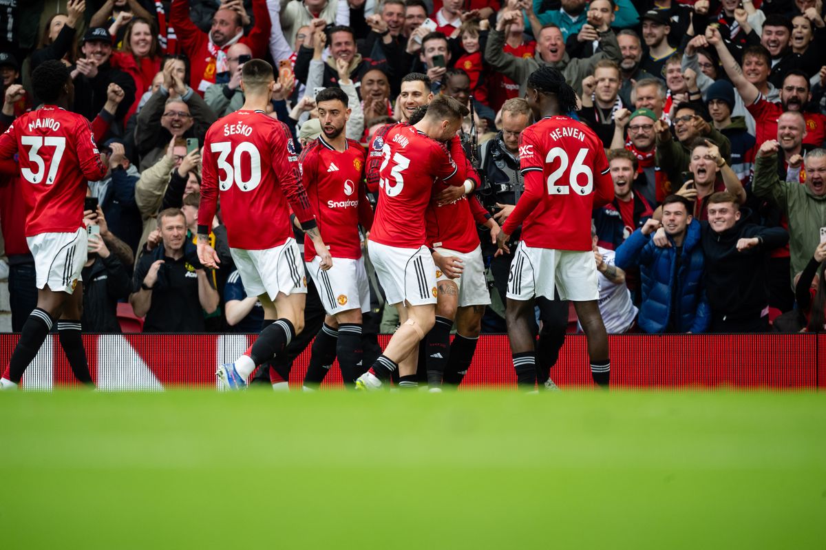 Matheus Cunha of Manchester United celebrates scoring a goal to make the score 1-0 during the Premier League match between Manchester United and Liverpool at Old Trafford on May 3, 2026 in Manchester, United Kingdom.