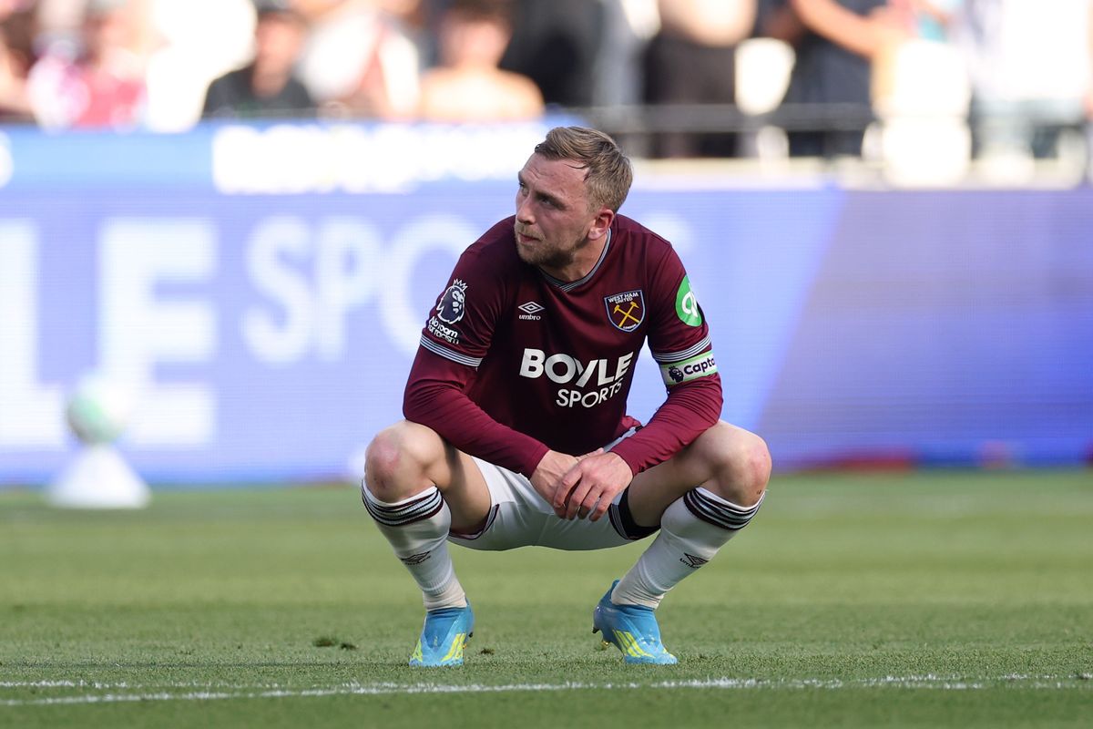Jarrod Bowen of West Ham United looks dejected after the Premier League match between West Ham United and Leeds United at the London Stadium on May 24, 2026 in London, England