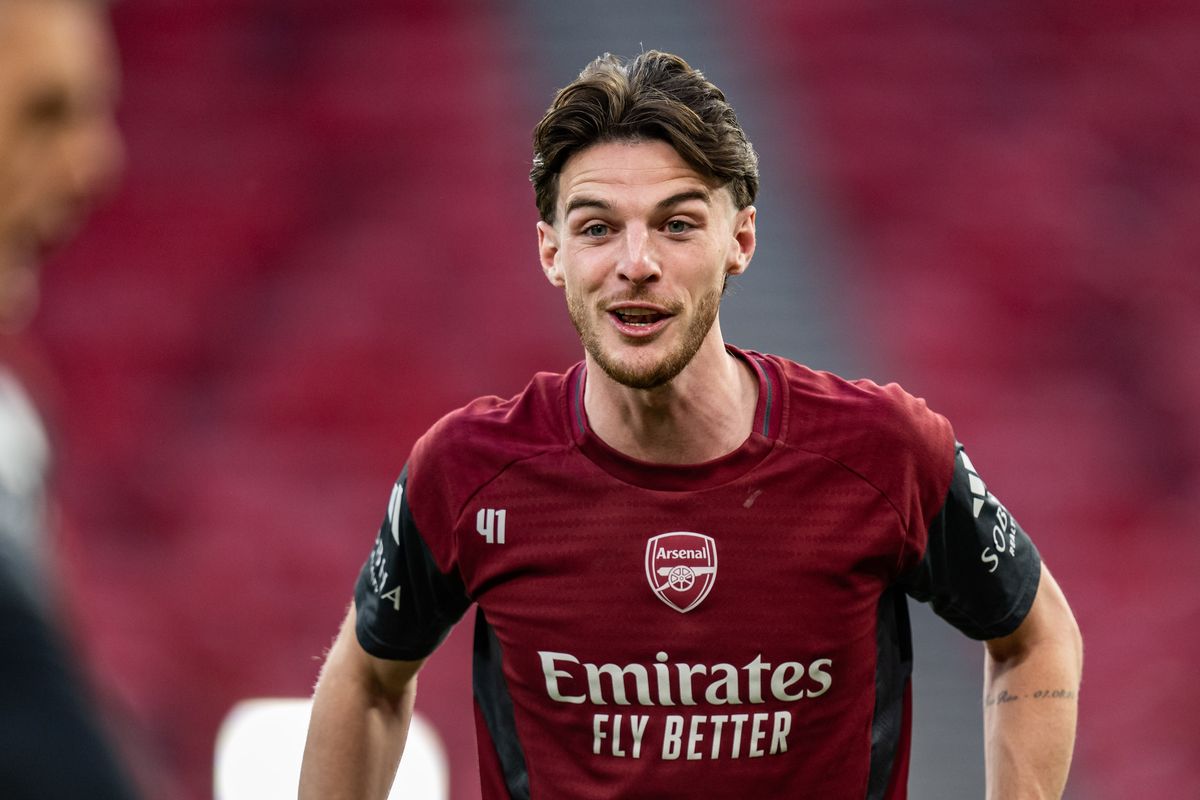 Declan Rice of Arsenal looks on during the training session/press conference one day ahead of the UEFA Champions League 2026 Final at Puskas Arena on May 29, 2026 in Budapest, Hungary