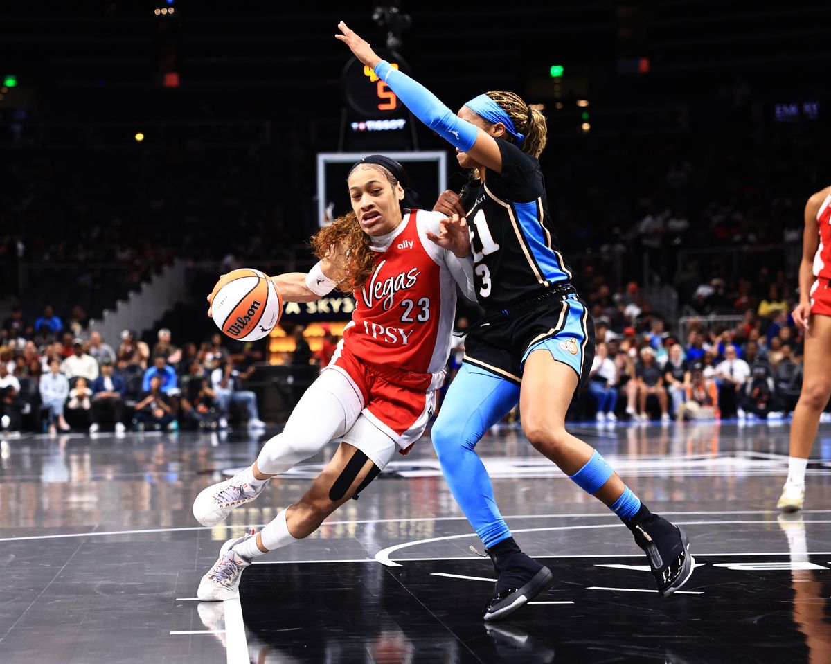 Chennedy Carter #23 of the Las Vegas Aces drives to the basket during the game against the Atlanta Dream on May 17, 2026 at State Farm Arena in Atlanta, Georgia
