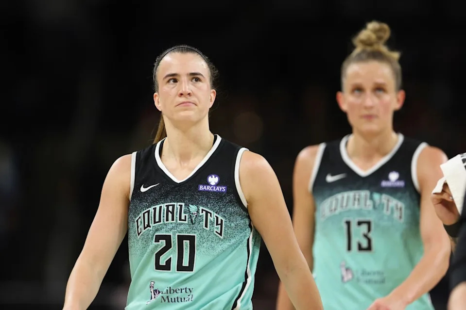 CHICAGO, ILLINOIS – SEPTEMBER 11: Sabrina Ionescu #20 of the <a class="link " href="https://sports.yahoo.com/wnba/teams/new-york/" data-i13n="sec:content-canvas;subsec:anchor_text;elm:context_link" data-ylk="slk:New York Liberty;sec:content-canvas;subsec:anchor_text;elm:context_link;itc:0" data-yga="{"yLinkElement":"context_link","yModuleName":"content-canvas","yLinkText":"New York Liberty","ySubModuleName":"anchor_text","yHasCommerce":false}">New York Liberty</a> looks on as she walks off the court after the first half of the game against the Chicago Sky at Wintrust Arena on September 11, 2025 in Chicago, Illinois. (Photo by Michael Hirschuber/Getty Images)