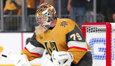Vegas Golden Knights goaltender Carter Hart (79) warms up.