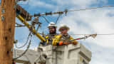 Linemen work on a rebuild of Northwestern Energy electric transmissions lines in Park County on May 14, 2020 in Livingston, Montana. 