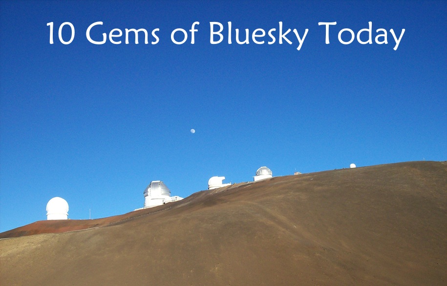 10 Gems of Bluesky series banner - Observatories at the summit of Mauna Kea, above the cloud ceiling.