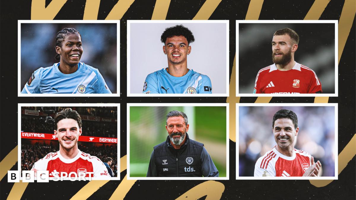 A composition image featuring Khadija 'Bunny' Shaw, Nico O'Reilly, Aaron Drinan, Declan Rice, Derek McInnes, and Mikel Arteta