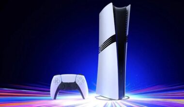 A PS5 Pro appears in front of a multi-color background.