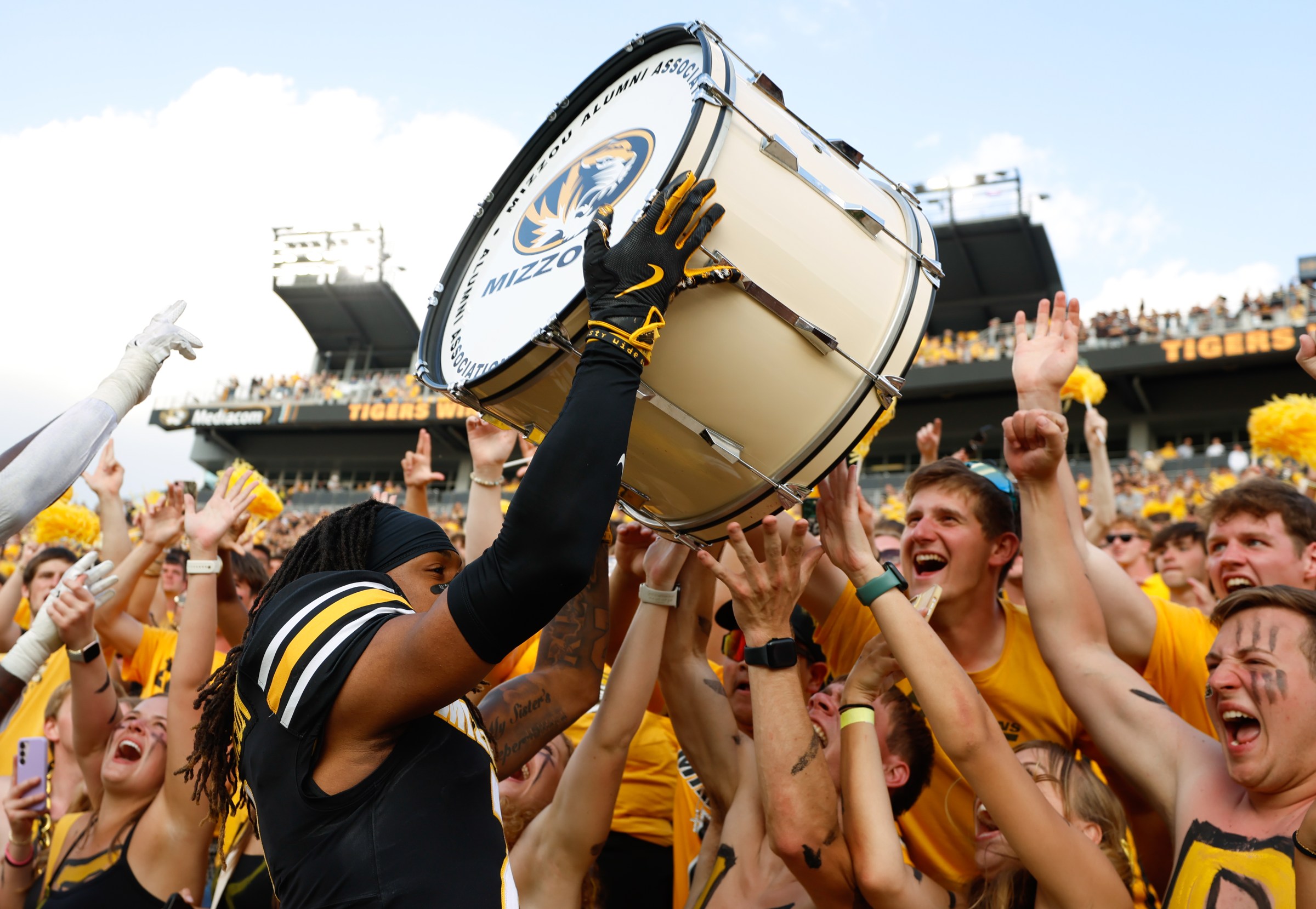 Missouri junior wide receiver Marquis Johnson brings the war drum to the Missouri student section after the Tigers won the Border Showdown on Saturday, Sept. 6, 2025, at Faurot Field in Columbia.