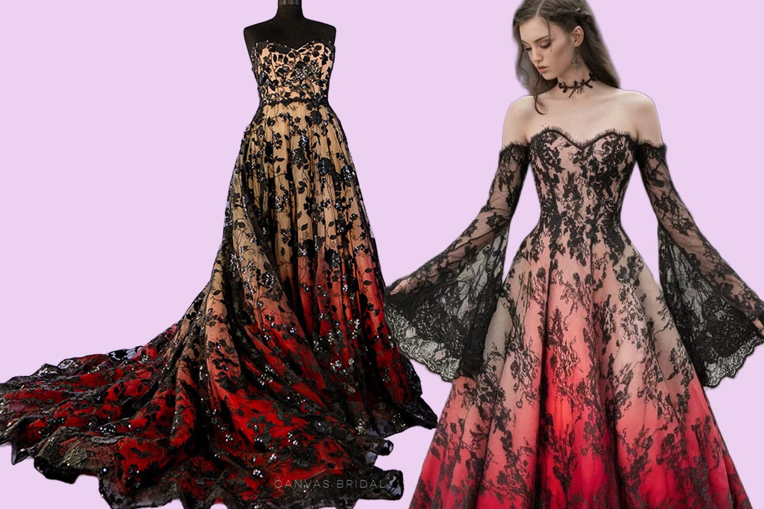 A strapless and sleeveless beaded gown that is red on the bottom, from Canvas Bridal; next to it is the same gown but it has magic off-the-shoulder sleeves that aren't attached to anything because the gown is still strapless.