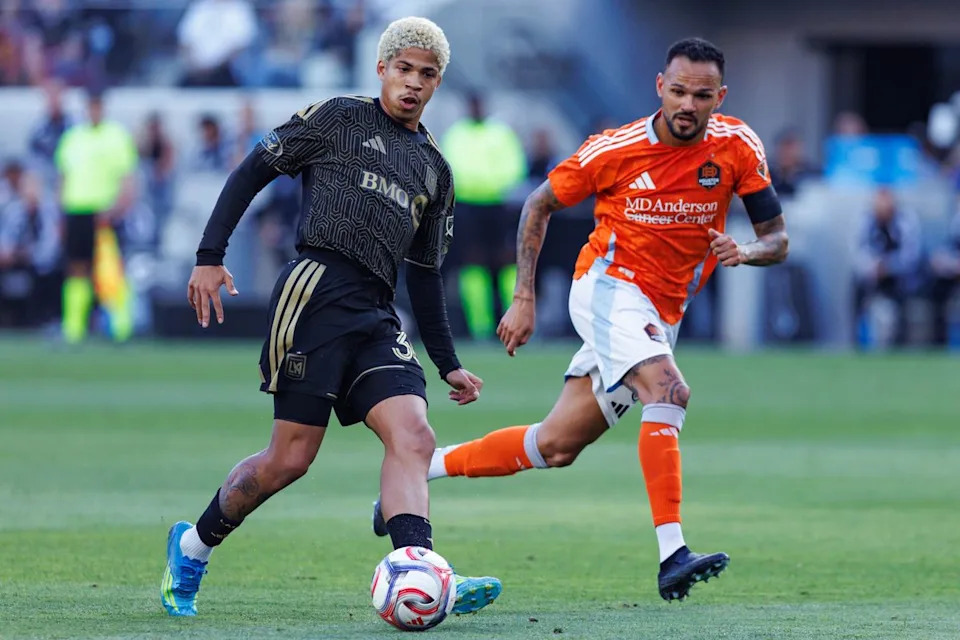 David Martínez #30 of LAFC passes the ball during an MLS match against Houston Dynamo FC on May 10, 2026 at BMO Stadium in Los Angeles, California.