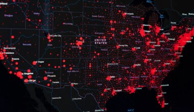 A digital map of the U.S. with pandemic hotspots dotting the country.