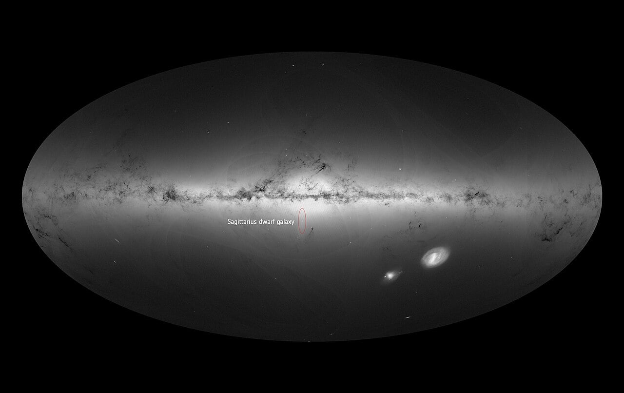 The Sagittarius dwarf galaxy, a small satellite of the Milky Way that is leaving a stream of stars behind as an effect of our Galaxy’s gravitational tug, is visible as an elongated feature below the Galactic centre and pointing in the downwards direction in the all-sky map of the density of stars observed by ESA’s Gaia mission between July 2014 to May 2016 (Credit : ESA/Gaia/DPAC)