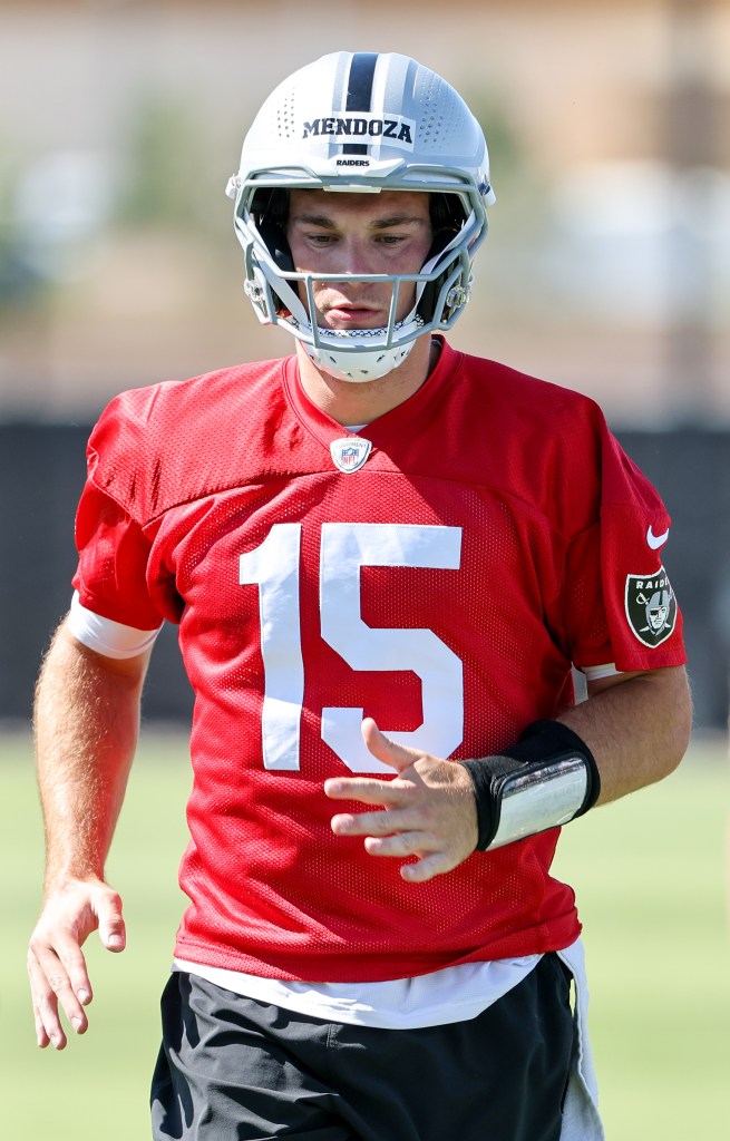 Fernando Mendoza #15 of the Las Vegas Raiders practices during an OTA offseason workout.
