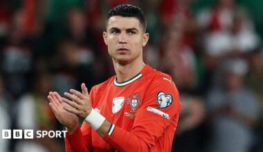 Cristiano Ronaldo applauds while playing for Portugal against Hungary in October 2025