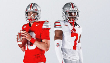 Julian Sayin and Jermaine Mathews Jr. in Ohio State’s new uniforms for 2026