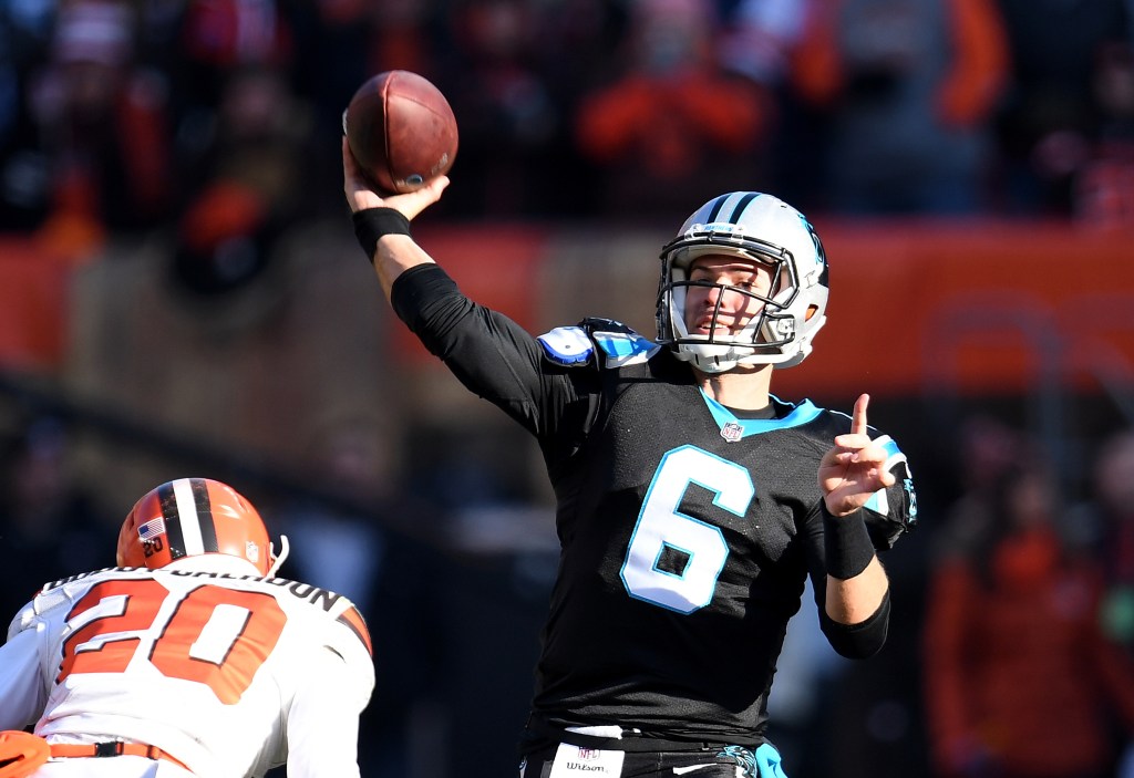 Taylor Heinicke #6 of the Carolina Panthers passes the ball during the second quarter against the Cleveland Browns at FirstEnergy Stadium on December 9, 2018 in Cleveland, Ohio.