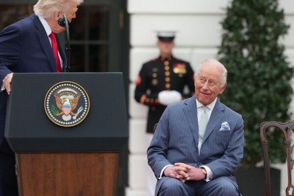 Britain's King Charles III listens as President Donald Trump speaks during a State Visit arrival ceremony on the South Lawn of the White House, Tuesday, April 28, 2026, in Washington. (AP Photo/Alex Brandon, File)
