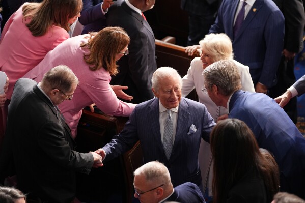 Britain's King Charles III and Queen Camilla depart after speaking to a joint meeting of Congress in the House Chamber at the U.S. Capitol, Tuesday, April 28, 2026, in Washington. (AP Photo/Matt Rourke, File)