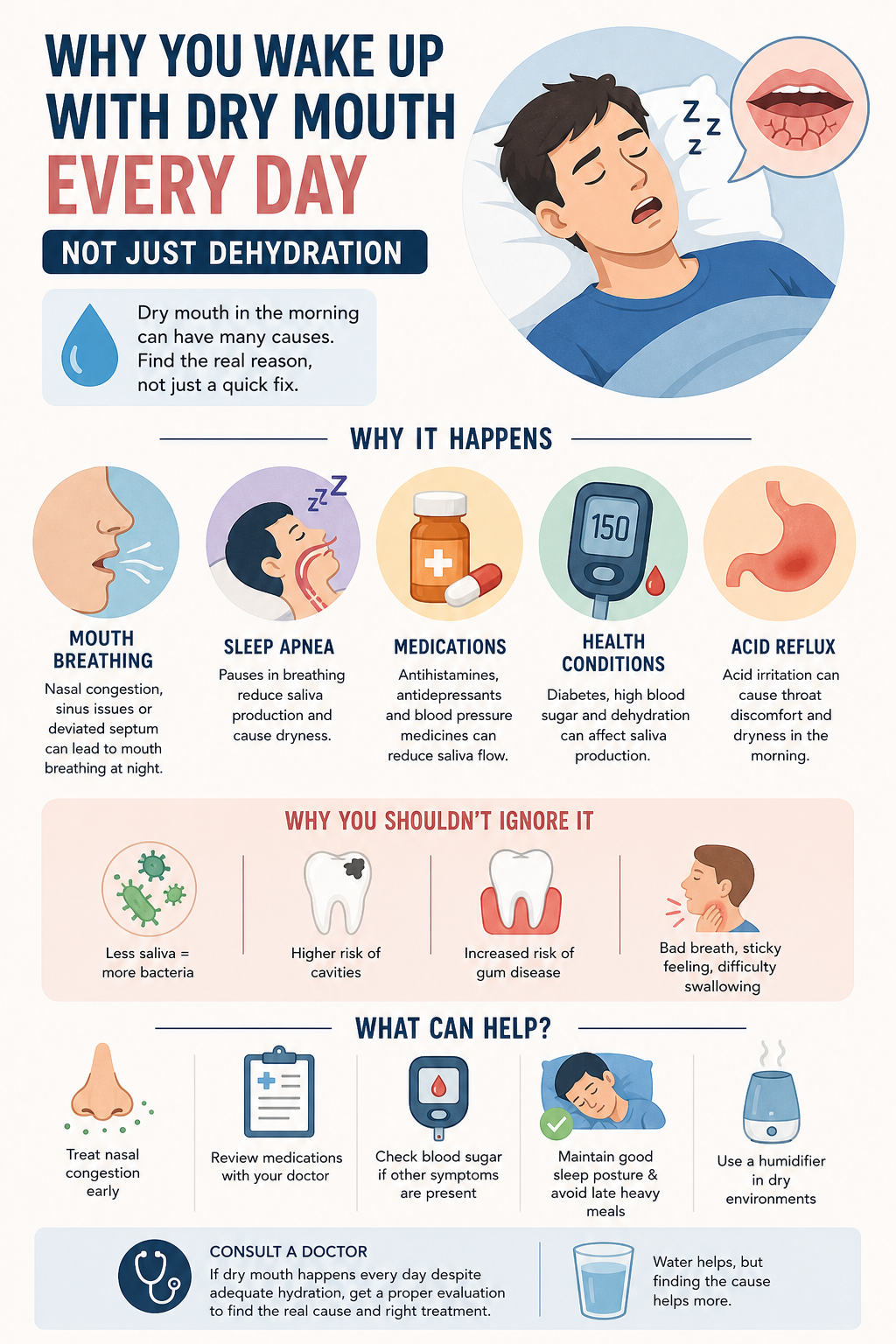 Identifying the cause early helps prevent long-term oral and systemic health issues. Dry mouth