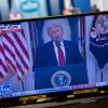 President Trump is seen speaking about the Iran war on a TV in the White House on April 1. Polls have found the war to be unpopular with Americans.