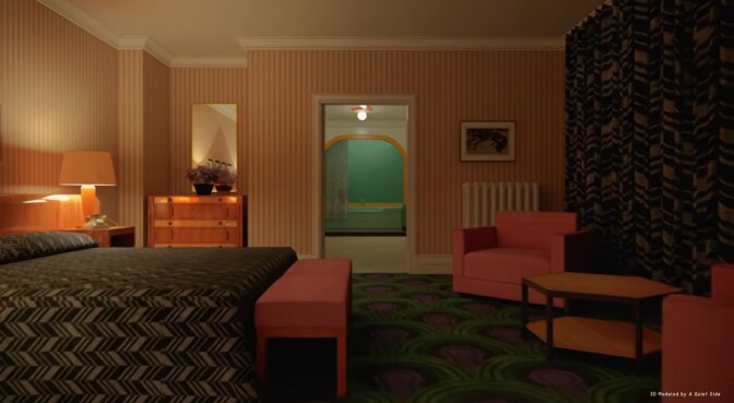 A room is furnished in hues of pink and green. A bathtub can be seen in the background.