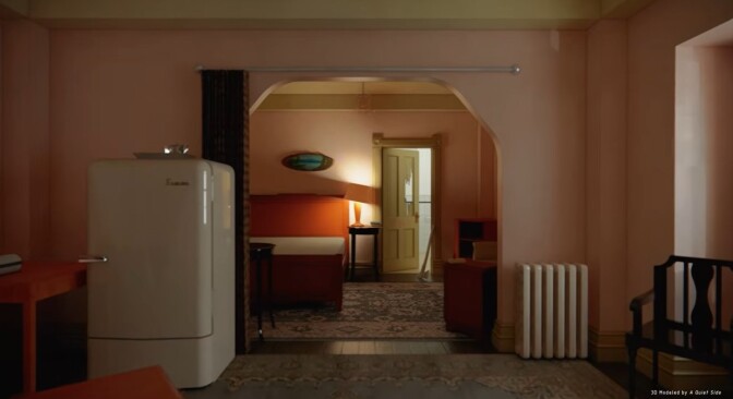 A white fridge is seen in the foreground with an archway and radiator to the right.