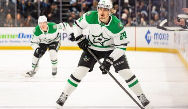 Dallas Stars forward Jason Robertson shares a light moment with a media member as the organization held their end of season media availability at 2601 Avenue of the Stars in Frisco on May 4, 2026.