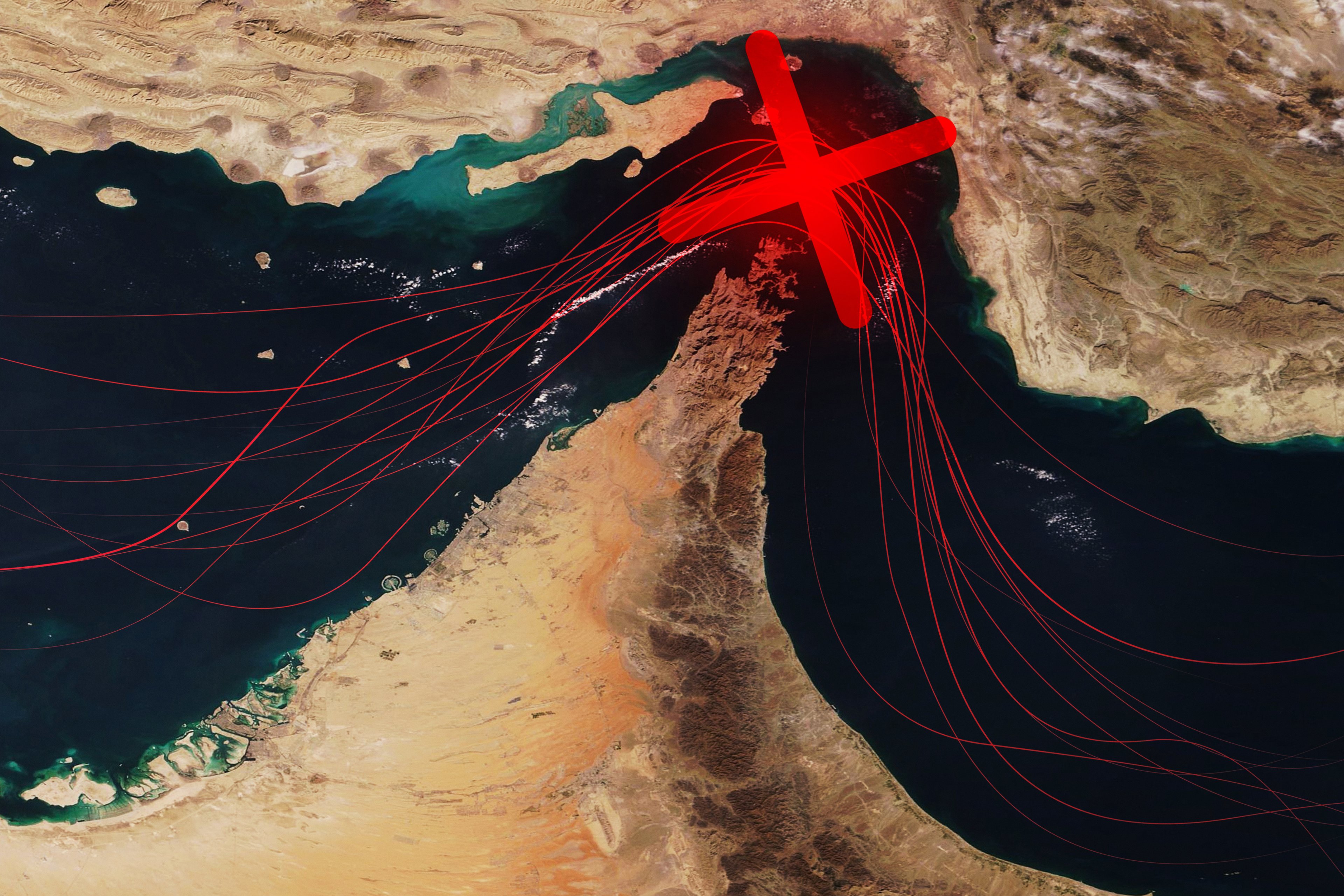 A map of Hormuz with a red X showing the strait is blocked