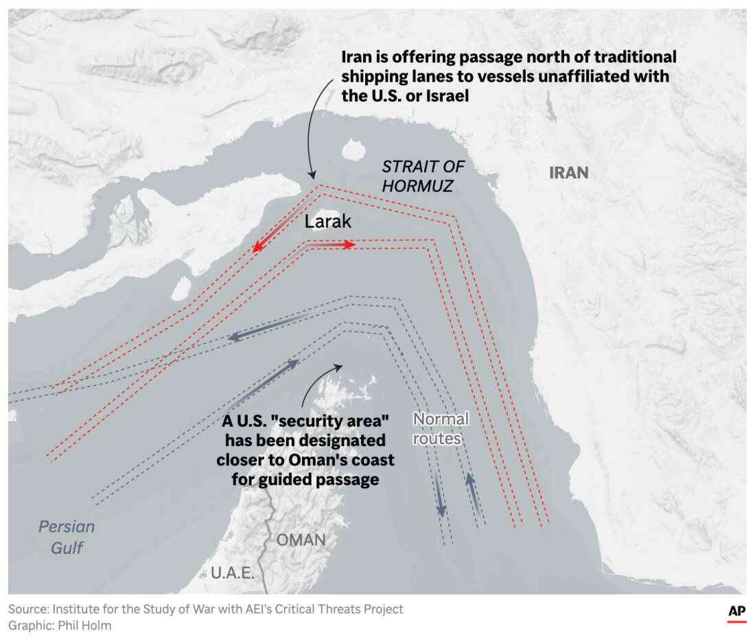 The image above shows the Strait of Hormuz and its traditional shipping routes and northern routes that Iran has opened to vessels unaffiliated with the U.S. or Israel.