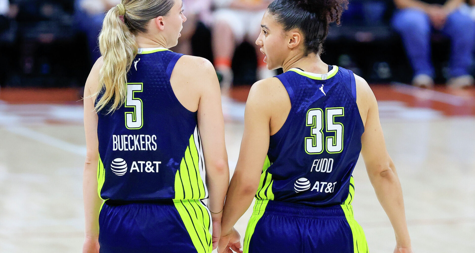 AUSTIN, TX - MAY 03: Dallas Wings guard Paige Bueckers #5 talks with Dallas Wings guard Azzi Fudd #35 against the Las Vegas Aces during the game on May 03, 2026.