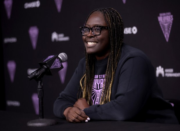 Golden State Valkyries general manager Ohemaa Nyanin takes questions during their media day at the Sephora Performance Center in Oakland, Calif., on Tuesday, May 5, 2026. (Jane Tyska/Bay Area News Group)