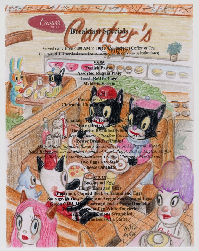 A drawing of characters, including black cats, on a Canter's Deli menu.