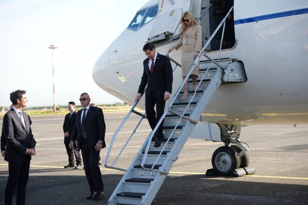 US Secretary of State Marco Rubio and his Wife Jeannette arrive at Rome's Ciampino airport for a two-day visit to Italy and the Vatican, Thursday, May 7, 2026. (AP Photo/Andrew Medichini, Pool)