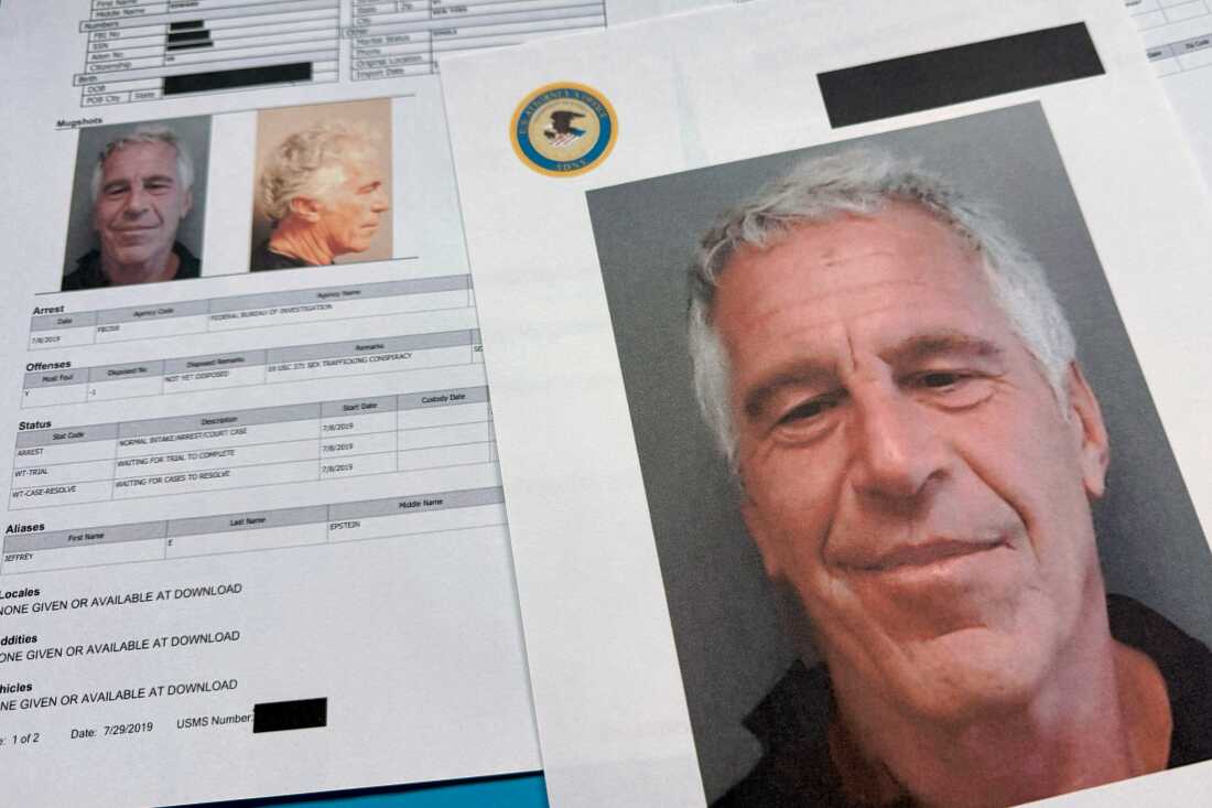 A printout of a photo of Jeffrey Epstein and a booking document.