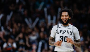 Julian Champagnie celebrating downtown after Spurs beat Blazers