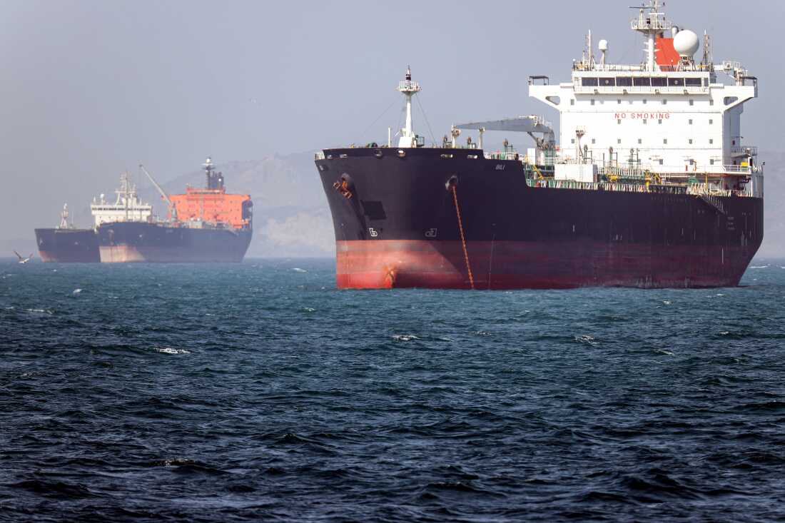 In this picture obtained from Iran's ISNA news agency and taken on May 2, 2026, the Gambia-flagged tanker vessel Bili is pictured anchored in the Strait of Hormuz off Bandar Abbas in southern Iran.