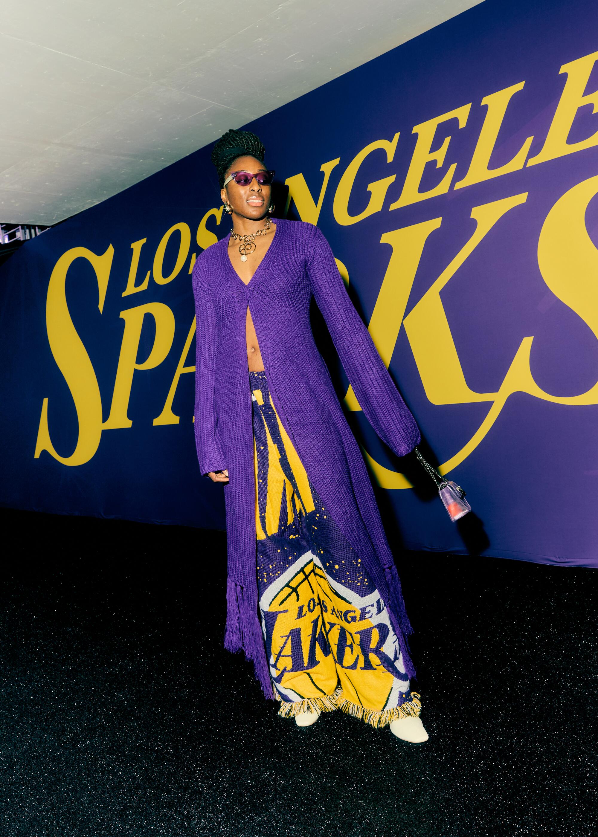 Nneka Ogwumike wears custom KA Originals tapestry pants constructed from a Lakers blanket.