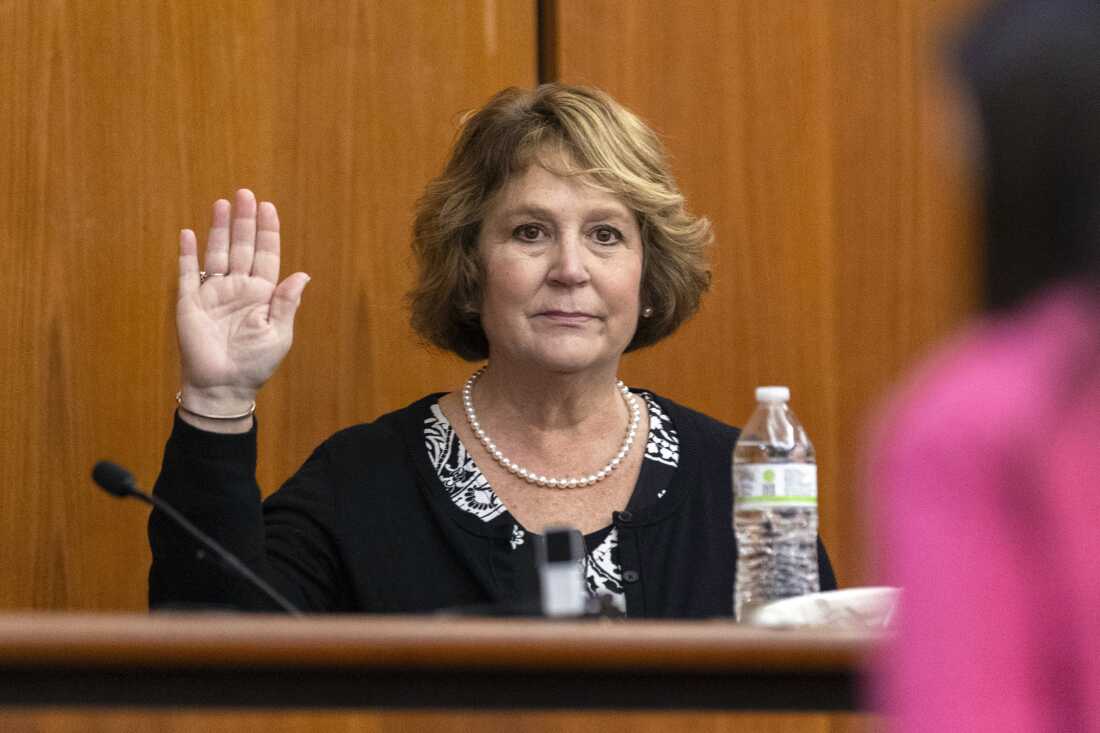 Former Colleton County Clerk of Court Becky Hill, seen here in a file photo from a jury-tampering hearing, is accused of influencing jurors in Alex Murdaugh's murder trial. Hill resigned from her post months after the January 2024 hearing in Columbia, S.C.