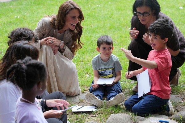 Britain's Kate, Princess of Wales visits the Salvador Allende preschool to observe how nature-based learning is embedded within the Reggio Emilia approach, part of a two-day trip, in Reggio Emilia, Italy, Thursday, May 14, 2026. (AP Photo/Antonio Calanni, Pool)
