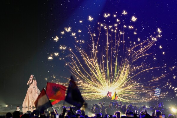 Eva Marija from Luxembourg performs the song "Mother Nature" during the second semifinal of the 70th Eurovision Song Contest in Vienna, Austria, Thursday, May 14, 2026. (AP Photo/Martin Meissner)
