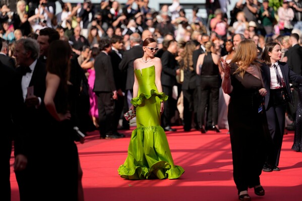 Agatha Maksimova poses for photographers upon arrival at the premiere of the film 'Fatherland' at the 79th international film festival, Cannes, southern France, Thursday, May 14, 2026. (AP Photo/John Locher)
